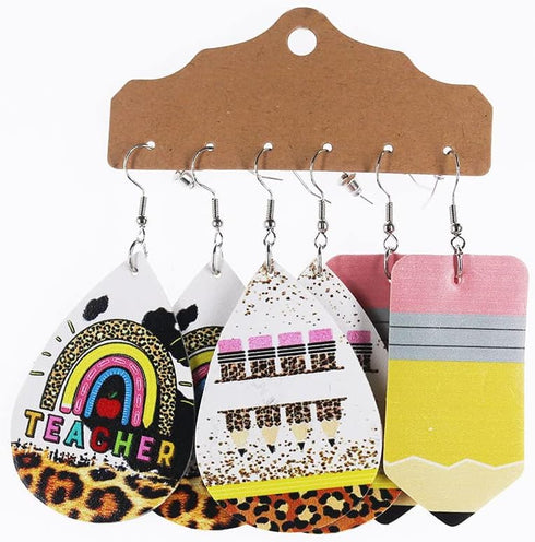 3 Pairs Teacher Pencil Earring Teacher Leather Dangle Earrings Set Colorful Pencil Ruler Apple Rainbow Print Leather Earrings for Women Gifts Jewe...