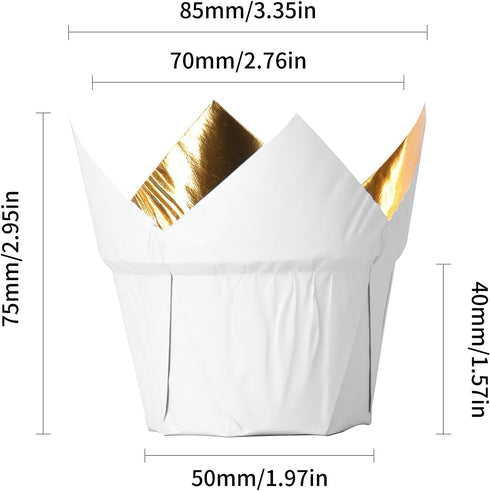 Party Hippo Gold Tulip Cupcake Liners Baking Paper Cups Holders Greaseproof Muffin Cases Wrappers for Wedding Birthday Party Baby Shower (White)...