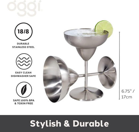 Oggi Stainless Steel Margarita Glasses - 12oz, Set of 2 - Unbreakable Margarita Glasses, Ideal Outdoor Margarita Glasses for Boating, RV, Parties,...