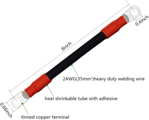 2PC 2 AWG Gauge Battery Power Inverter Cables,Tinned Copper Terminal,Good for Solar,Auto,RV,Motorcycle,Car& Marine (8 Inch,3/8 Lugs)...