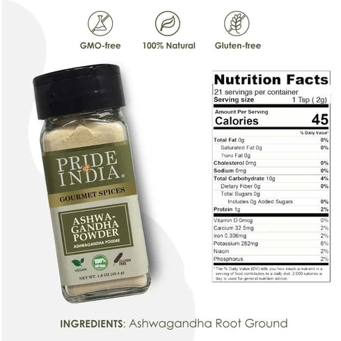 Pride of India – Natural Ashwagandha Root Ground – Health Benefits – Good for Energy Level/Body Functions – No Gluten/Additives – Easy To Use – 1....