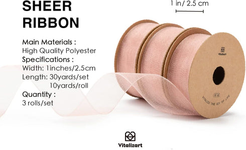 Vitalizart Rose Gold Ribbon Organza Sheer Ribbon 1 inch x 30Yd Handmade Eco-Friendly Fabric Light Pink Ribbons for Gift Wrapping Christmas Tree Cr...
