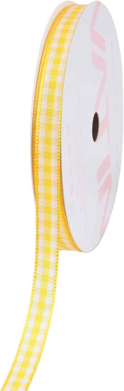 VATIN Yellow and White Gingham Ribbon, Each Roll Measuring 1/4 Inch Wide by 25 Yards Long, Featuring Polyester Woven Edges, Perfect for Gift Wrapp...