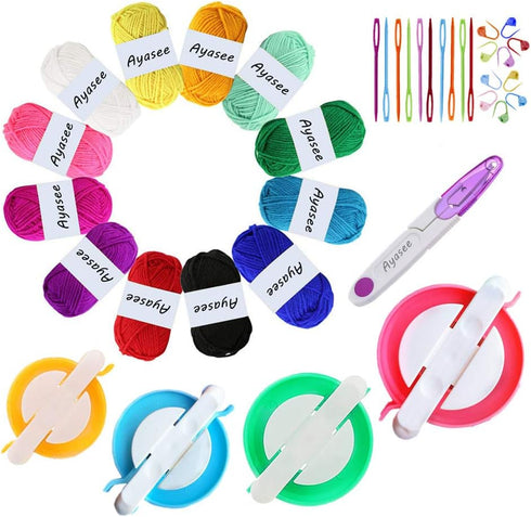 Pompom Maker Kit, Knitting Loom Fluff Ball Weaver Needle Craft DIY Knitting Crochet Tool Kit,4PS Pompom Maker+10PS Knitting Stitch Markers+10PS Pl...