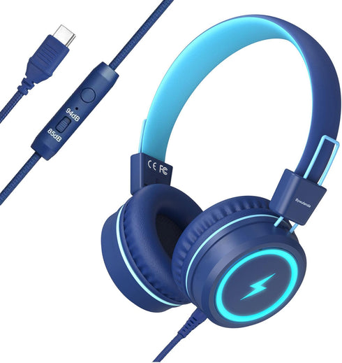 Kids Headphones with LED Lights for School, Upgrade USB Type C Kid Headphone with Microphone, Volume Limiter 85/94dB, Wired On Ear Headphones for ...