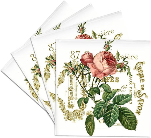 3dRose cst_178817_3 French Pink Rose Vintage-Ceramic Tile Coasters, Set of 4...