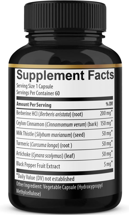 Berberine Supplement with Ceylon Cinnamon, Turmeric, Artichoke, Milk Thistle - Berberine HCl Supplement Pills - 60 Capsules...