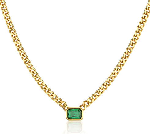 espere Baguette CZ Necklace | Emerald Cut Pendant Cuban Link Chain Choker 14'' with 2'' Extender...