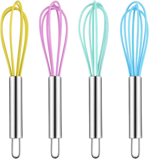 4 Pack Colorful Mini Silicone Kitchen Whisks with Stainless Steel Handles for Milk Egg Blending Stirring Whisking and Beating(4 Colors,6 Inches)...