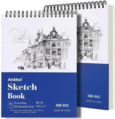Ankkol 9x12 Sketchbook, Sketch Book Pack of 2, 200 Sheets (68 lb/100gsm), Spiral Bound Artist Sketch Pad, 100 Sheets Each, Sturdy Acid Free Drawin...