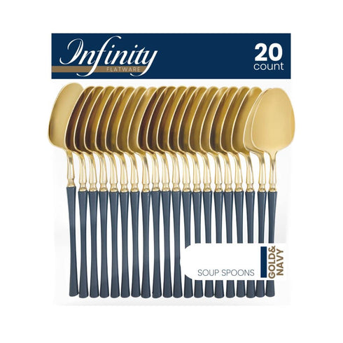 Blue Sky Infinity Flatware Gold & Navy Blue Soup Spoons - 20 Count | Luxurious Disposable Plastic Cutlery for Parties and Events...