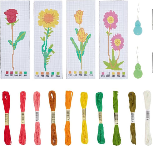 NBEADS 4 Sets 4 Styles Cross Stitch Bookmark Kits, Flower Pattern Cross Stitch Kits DIY Stamped Embroidery Bookmarks with Needle-Threading Device ...
