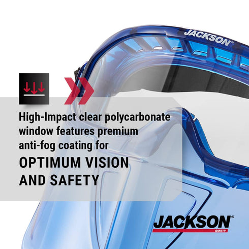 Jackson Safety GPL500 Safety Goggles with Flip Up/Detachable Blue Face Shield - Eye Protection Goggles Over Glasses for Men & Women - Anti-Fog, Cl...