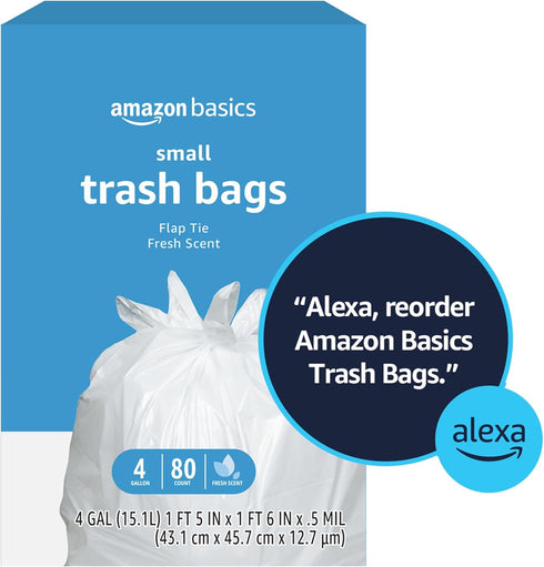 Amazon Basics 4 Gallon Trash Bags, Flap Ties, Fresh Scent, 80 Count, Pack of 1...