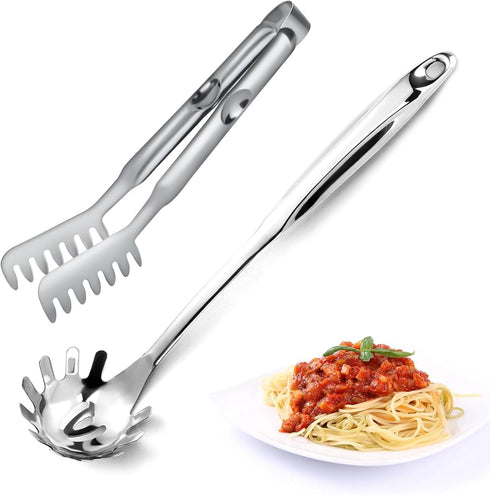 Pleafind Spaghetti Spoon and Spaghetti Tong 2-Piece Set, 13-Inch Non-Stick Spaghetti Fork and 9-Inch Kitchen Tong, Easy Storage and Cleanup, Ergon...