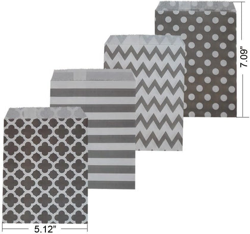 Biodegradable Paper Candy Cookie Bags - Food Safe Favor Bags for Parties - 100 Count, Assorted 4 Designs (Grey)...
