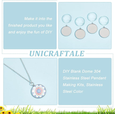 UNICRAFTALE 30pcs DIY Blank Dome 304 Stainless Steel Pendant Making Kits Flat Round Bezel Tray Charms with Glass Cabochons Blank Bezel Pendant Tra...