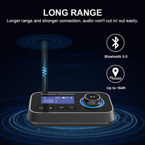 Bluetooth 5.0 Transmitter Receiver for 2 Headphones 2-in-1 Audio Adapter with Bypass Low Latency LCD Display ON/Off Switch Volume Control Optical ...