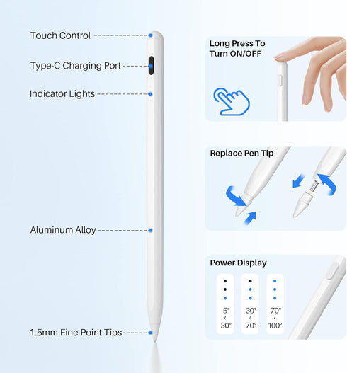 Stylus Pen for iPad (2018-2023),5 mins Fast Charge,Palm Rejection,Tilt Sensitivity,Same as Apple Pencil 2nd Generation Compatible with iPad Pro 11...
