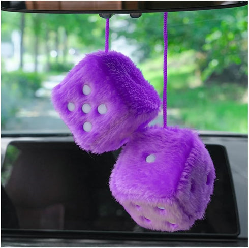 Pair of Retro Square, 3 inch Fuzzy Plush Dice with Dots, Car Mirror Hanging Decoration, Auto Rearview Mirror Ornament, Car Interior Accessories (P...