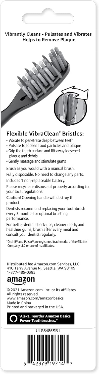 Amazon Basics Pulsating Deep Cleaning Toothbrushes with Soft Bristles, 2 Count, Assorted Colors...