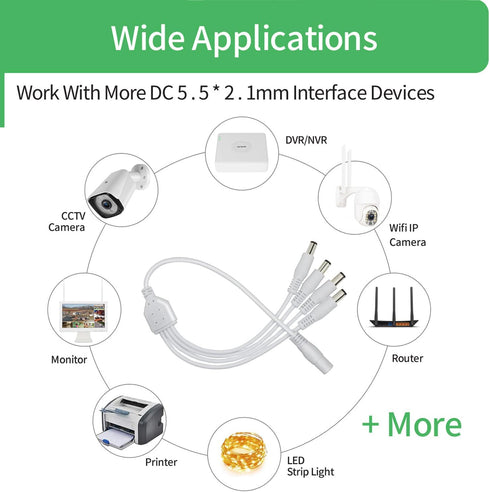Security-01 2-Pack 1 to 4 Way DC Power Splitter Cable, Plug 5.5mm x 2.1mm, for CCTV Camera, LED Strip Light and More,White...