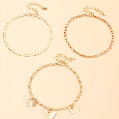 3Pcs Cuban Link Ankle Bracelet Set for Women Gold Plated Stainless Steel Butterfly Snake Chain Anklets Layered Butterfly Chain Anklet for Summer B...