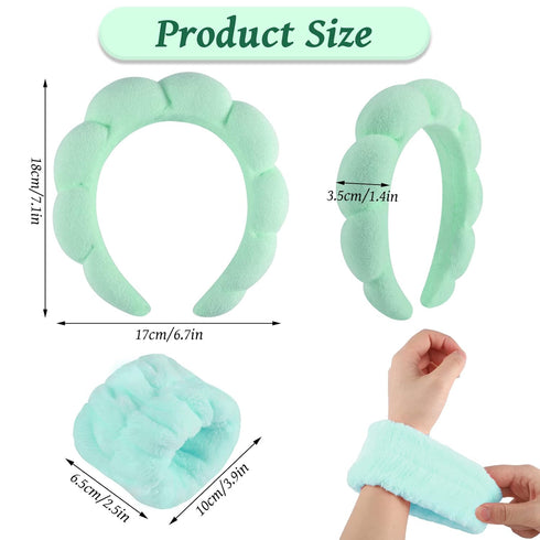 Sponge Spa Headband for Women, Green Makeup Headband and Wrist Washband Set for Face Washing, Skincare, Shower, Makeup Removal...