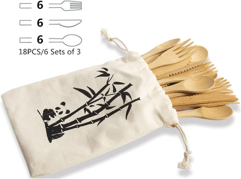 18PCS Reusable Bamboo Flatware Set,Bamboo Cutlery Set,Bamboo Forks Spoons Knives, Bamboo Utensil Cutlery Set for Picnic Party Travel, Bamboo Silve...