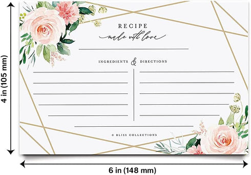 Bliss Collections Recipe Cards, Pack of 50 Double-Sided Geo Floral 4 x 6 Cards for Family Recipes, Wedding Showers, Bridal Showers, Baby Showers, ...