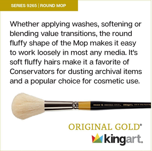 KINGART Premium Original Gold 9265-10 Round MOP Series Artist Brush, Soft White Natural Hair, Short Handle, for Acrylic and Oil Painting, Size 10...