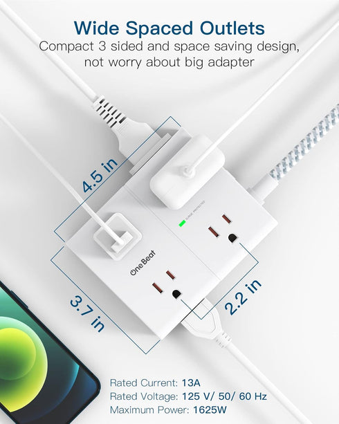Extension Cord 6 Ft, Surge Protector Power Strip - 8 Widely Outlets 4 USB Ports 10 Ft Long Cord, Flat Plug, Wall Mount, 3-Side Outlet Extender Ove...