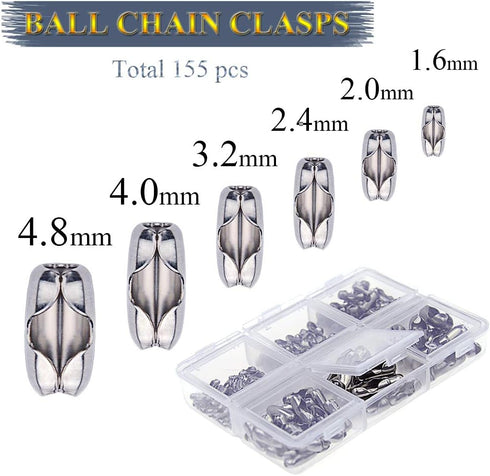 KINGOU 155pcs Stainless Steel Ball Chain Connector Clasps Fits for 1.6/2.0/2.4/3.2/4.0/4.8mm Beaded Ball Chain...