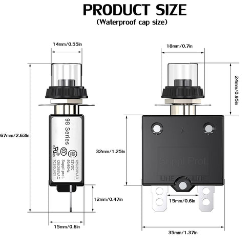 Thermal Circuit Breaker, DIYhz 40 Amp 32V DC 125/250VAC 50/60Hz Push Button Manual Reset Circuit Breaker with Quick Connect Terminals and Waterpro...