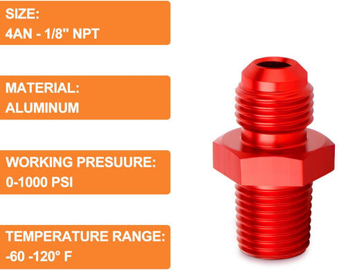 GASHER 5PCS 4AN Male Flare to 1/8" NPT Male Pipe Fitting Straight Aluminum Adapter Fitting Red...