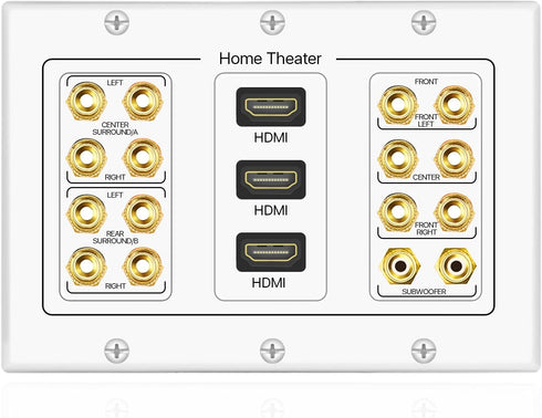 TNP Home Theater Wall Plate - 3-Gang 7.2 Surround Sound Distribution w/Premium Gold Plated Copper Banana Binding Post Coupler for 7 Speakers, 2 RC...