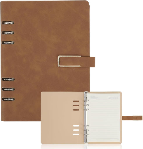 A5 Binder Notebook 6 Ring, Refillable Notebook A5 Planner Binder with A5 Refill Paper, Travel Binder Journal Cover Binder Notebook, Brown...