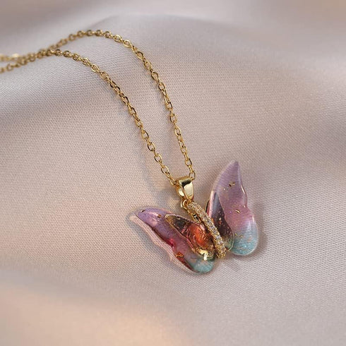 Butterfly Necklace for Women - Fairy Cubic Zirconia Butterfly Pendant Necklaces Titanium Steel (Gold Pink)...
