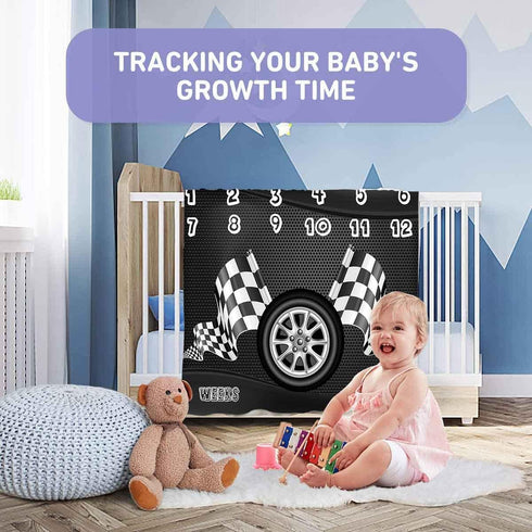 Racing Baby Monthly Milestone Blanket, Boy Racer Car Tires Black White Checkered Flag, Newborns 1 to 12 Months Unisex Include 4 Frames and 1 Headb...