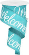 Welcome Canvas Wired Ribbon, White Script on Turquoise Teal Ribbon, 2.5 Inches x 10 Yards...