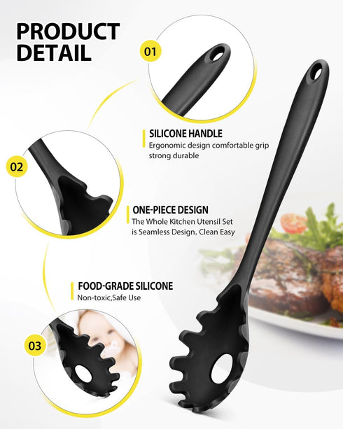 3 Pcs Silicone Kitchen Utensils Set, Soup Ladle-Pasta Fork-Slottede Spoon, Nonstick BPA Free High Heat Resistant Cooking Utensils for Mixing, Serv...