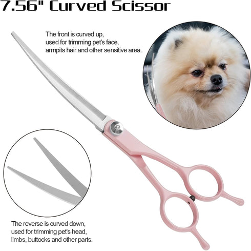 Professional Dog Grooming Scissors Set, 4 in 1 Dog Grooming Scissors Kit, Curved Dog Scissors Pet Thinning Shears, Pink...
