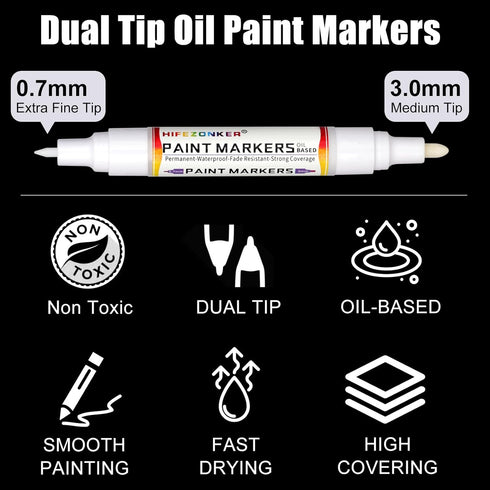 White Paint Pen White Paint Marker - 2 Pack Dual Tip Oil Based White Permanent Markers,Extra Fine Tip & Medium Fine Tip(0.7mm & 3mm),Quick Drying,...