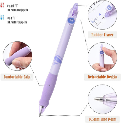 BAYTORY 8Pcs Cute Retractable Erasable Gel Pens, Blue and Black Ink Pen with Eraser Clear, Smooth Writing Comfortable to Use for Note Taking Marki...