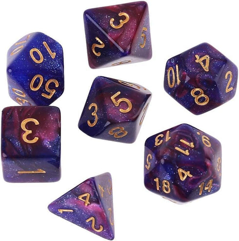 7Pcs/Set Purple Dichromatic D4 D6 D8 D10 D12 D20 Polyhedral Dices Numbers Dials Desktop Board Game Dice Bags with Drawstring Role Playing Dice Dic...