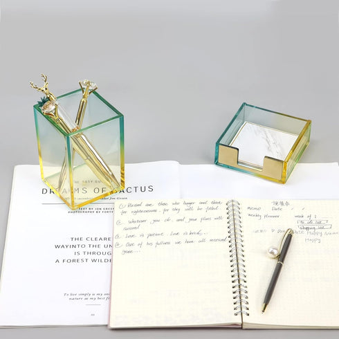 Acrylic Yellow and Green Desktop Pen Pencil Holder Cup Modren Makeup Brushes Dispenser Pencil Cup Pot Stationery Organizer for Office Supplies (Ye...
