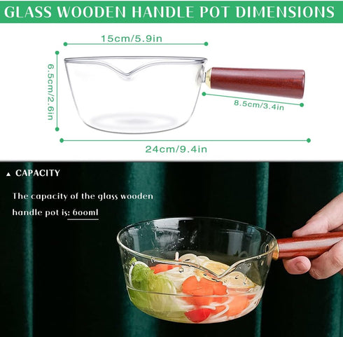 DOERDO Clear Glass Pot Milk Pan with Wooden Handle Breakfast Cooking Pot Glass Cookware for Home Kitchen Open Flame Heating Milk Pot (Clear 600ml)...