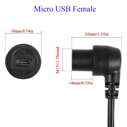 QIANRENON 90° Micro USB Panel Flush Mount Waterproof Extension Cable Micro USB 5 Pin Right Angle Male to Female Connector for Fixied on Dashboard ...
