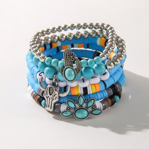 Todu 5 Pcs Western Cowgirl Turquoise Beaded Stretch Cow Boot Feather Charm Bracelets Bohemian Stackable Summer Beach For Women Jewelry Gift...