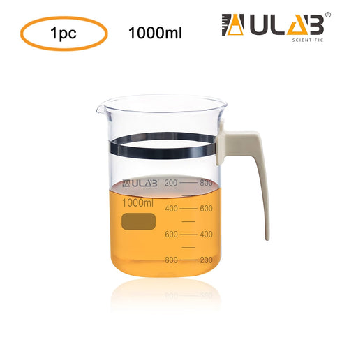 ULAB Glass Beaker with Handle, Vol. 1000ml, 3.3 Borosilicate Griffin Low Form with Printed Graduation, Double Scale, UBG1051...